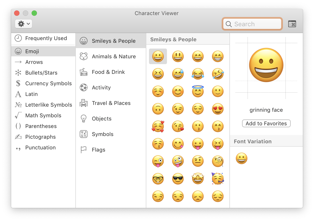 Emoji character viewer for Mac