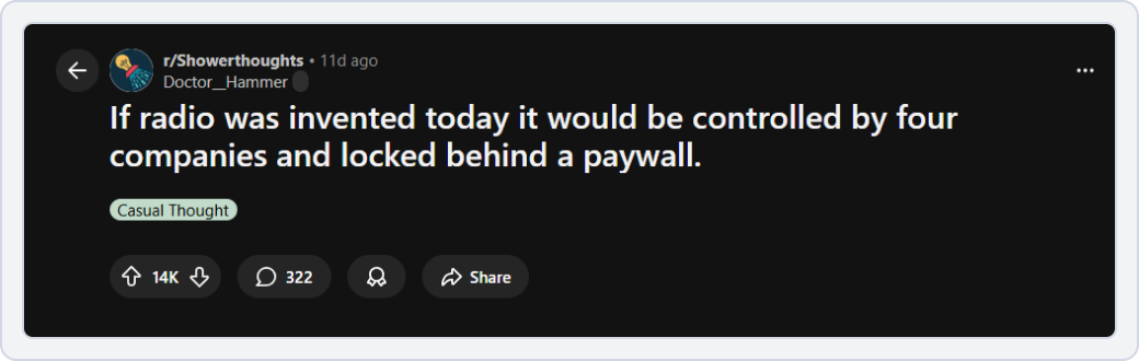 reddit post on the subreddit r/showerthoughts