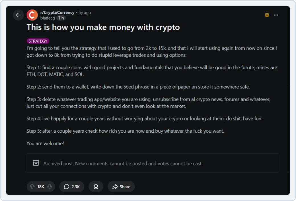 reddit post on the subreddit r/cryptocurrency