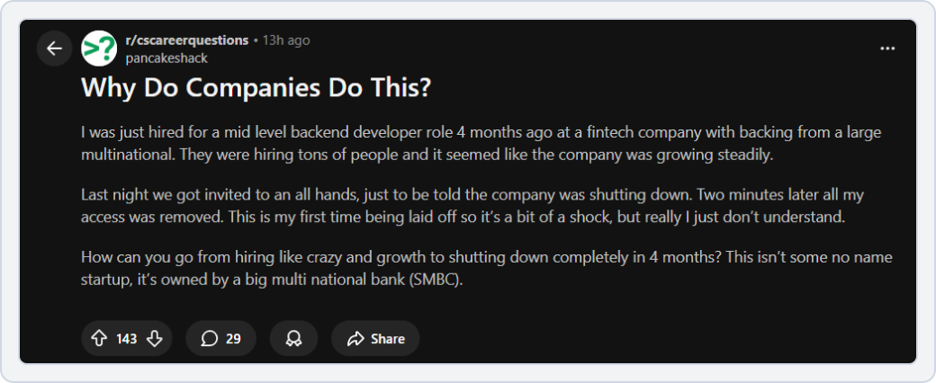 reddit post on the subreddit r/cscareerquestions