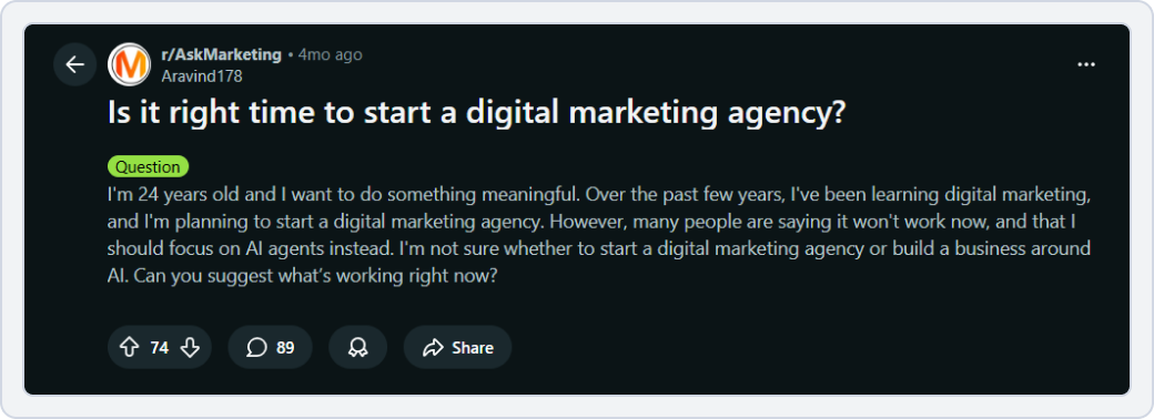 reddit post on the subbreddit r/askmarketing