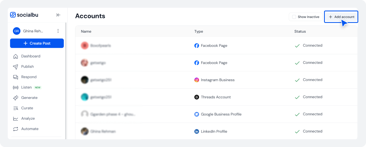 SocialBu Accounts page showing connected social media accounts and the Add Account button.