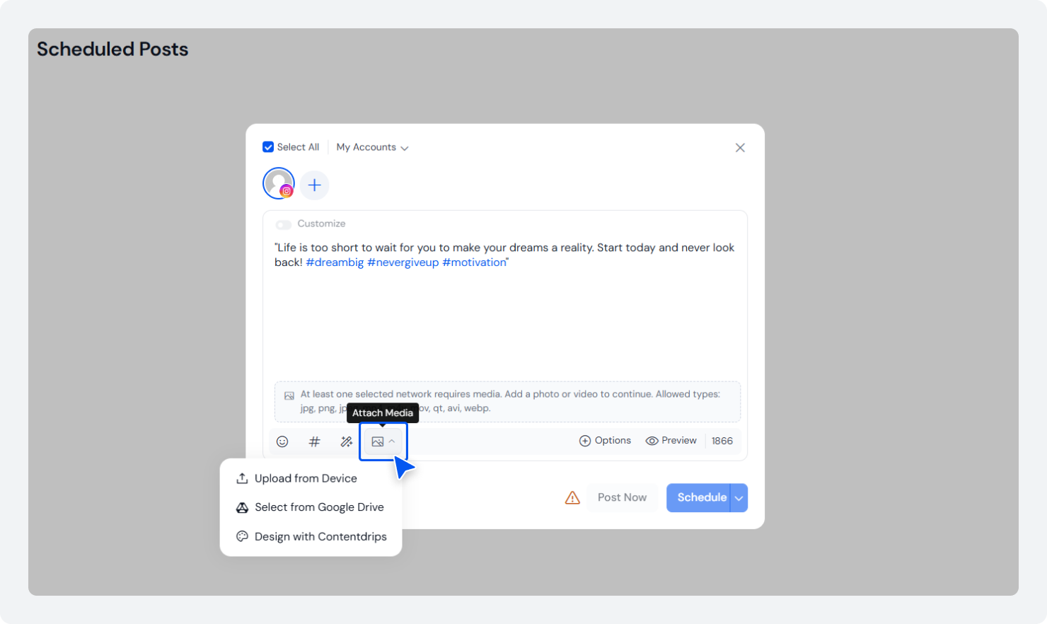 Add media on your posts while scheduling your Social media posts with SocialBu