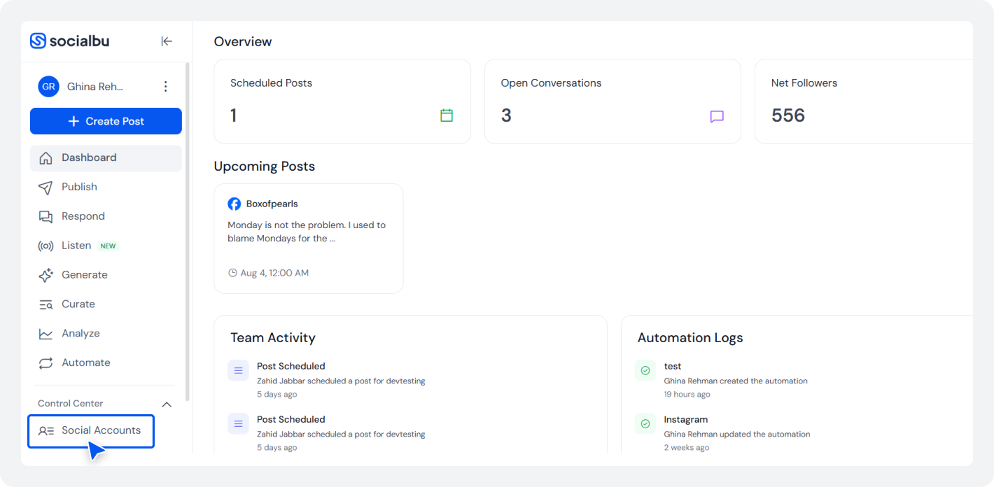 SocialBu dashboard overview showing scheduled posts, open conversations, net followers, and the Social Accounts section.