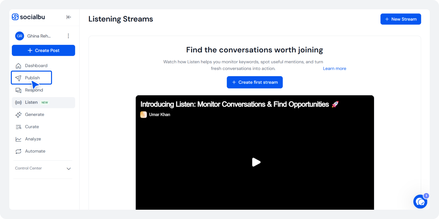 SocialBu Listening Streams page for monitoring social media conversations, keywords, and brand mentions.
