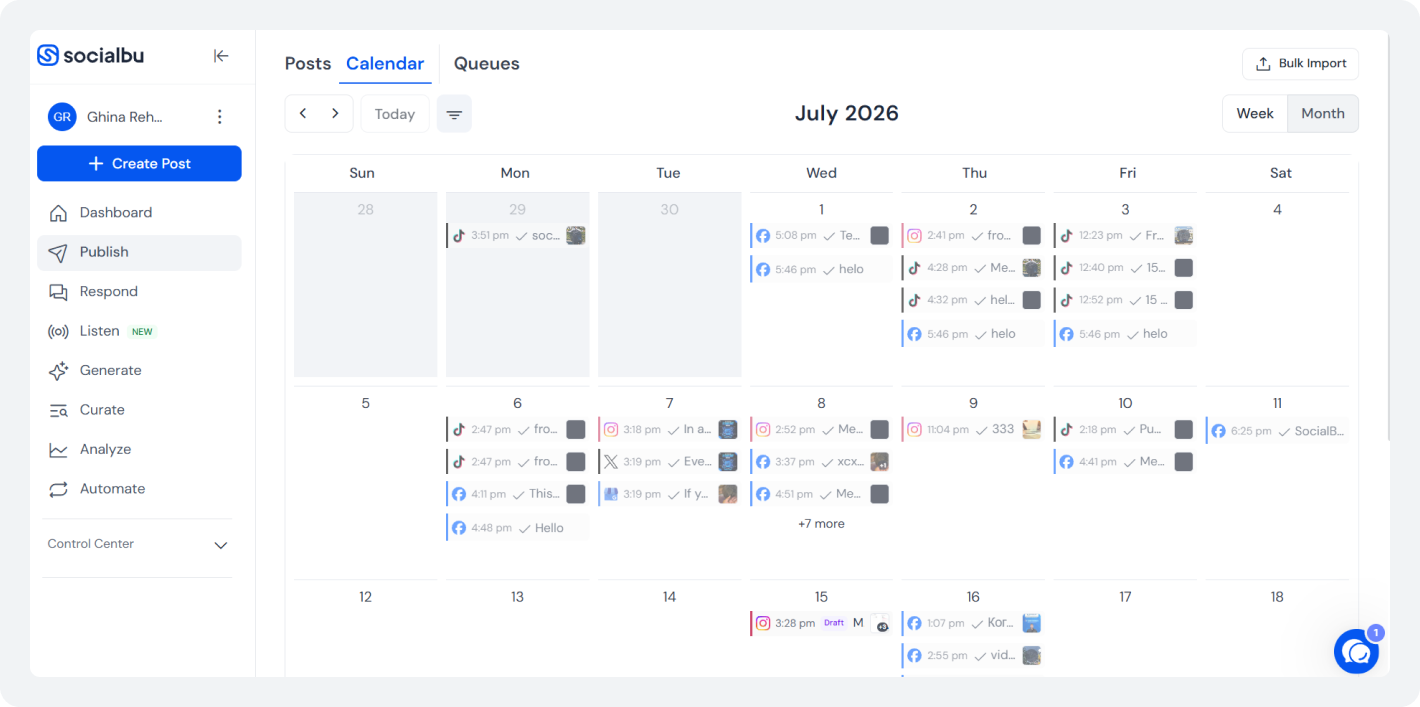 SocialBu content calendar displaying scheduled social media posts in a monthly calendar view.