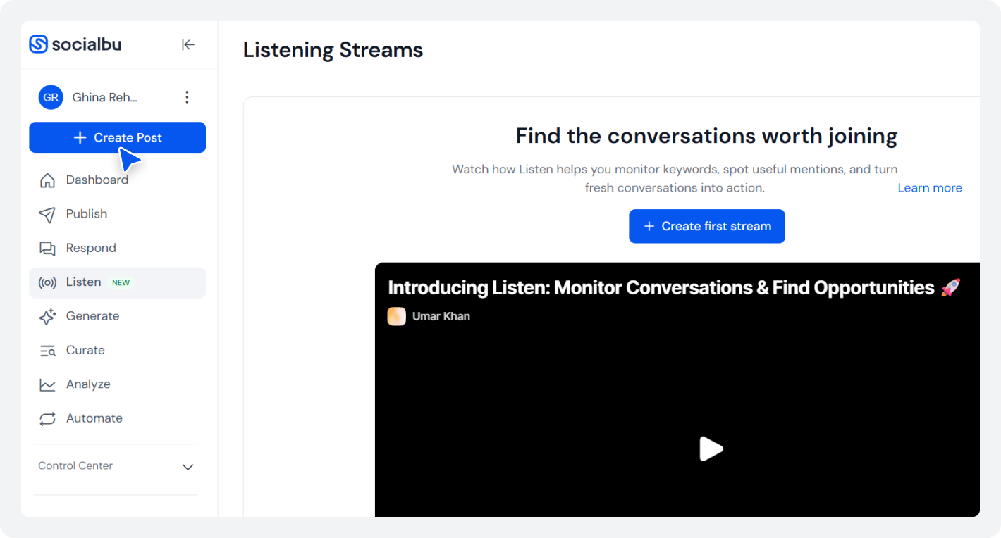 SocialBu dashboard with the Create Post button highlighted for creating and scheduling social media posts.