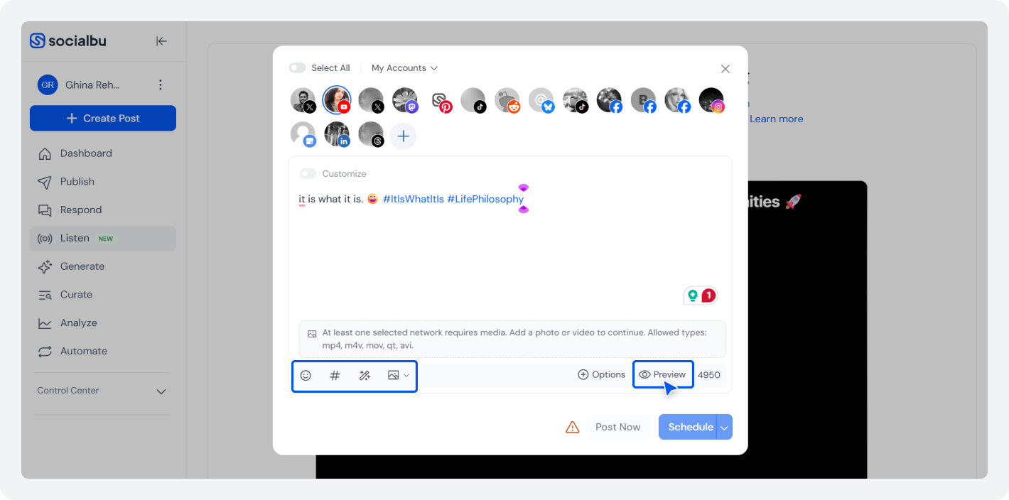 SocialBu post composer with multiple social media accounts selected and the Preview button highlighted for reviewing posts before publishing.