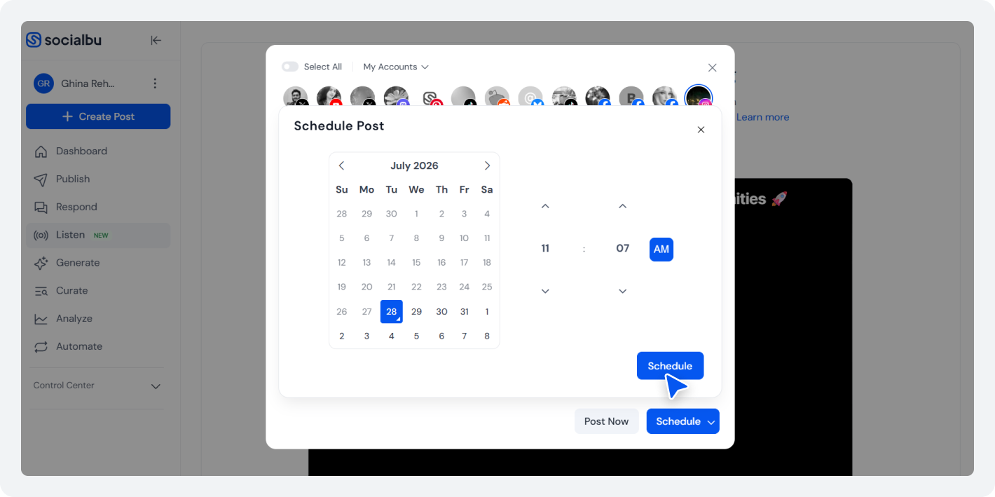 SocialBu Schedule Post window with a calendar, time picker, and Schedule button for scheduling social media posts.