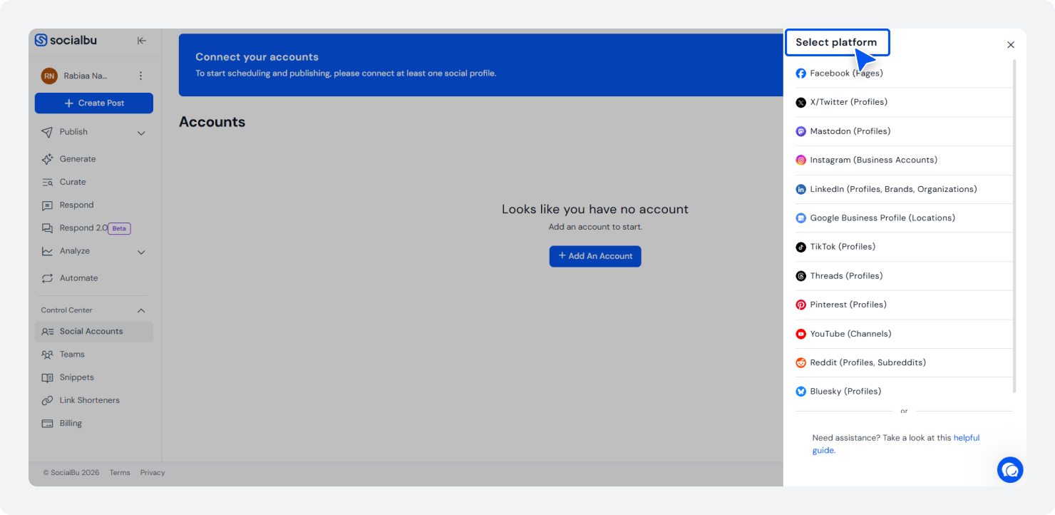 Connect your social media accounts in SocialBu