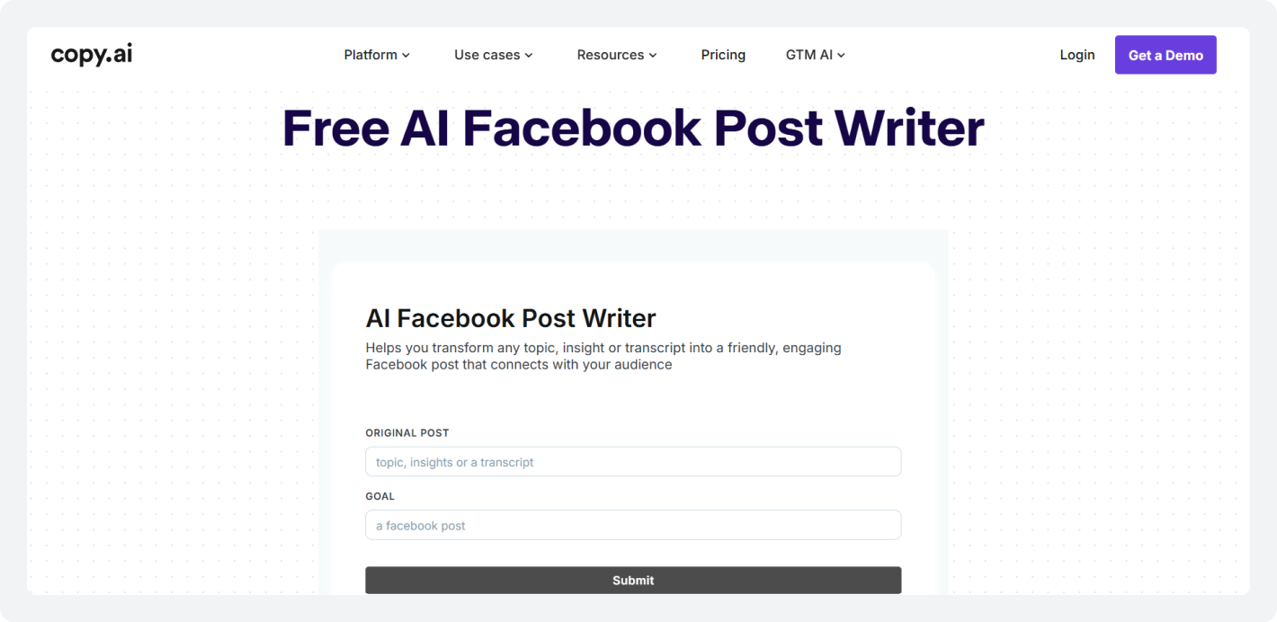Copy.ai Facebook post writer tool