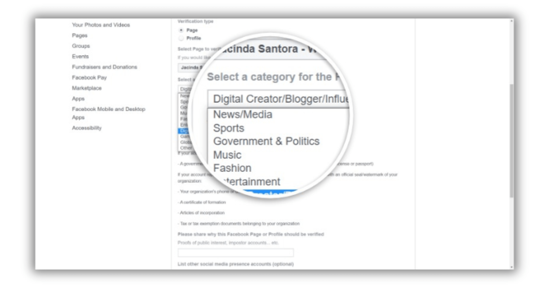 Category for the Page or Profile