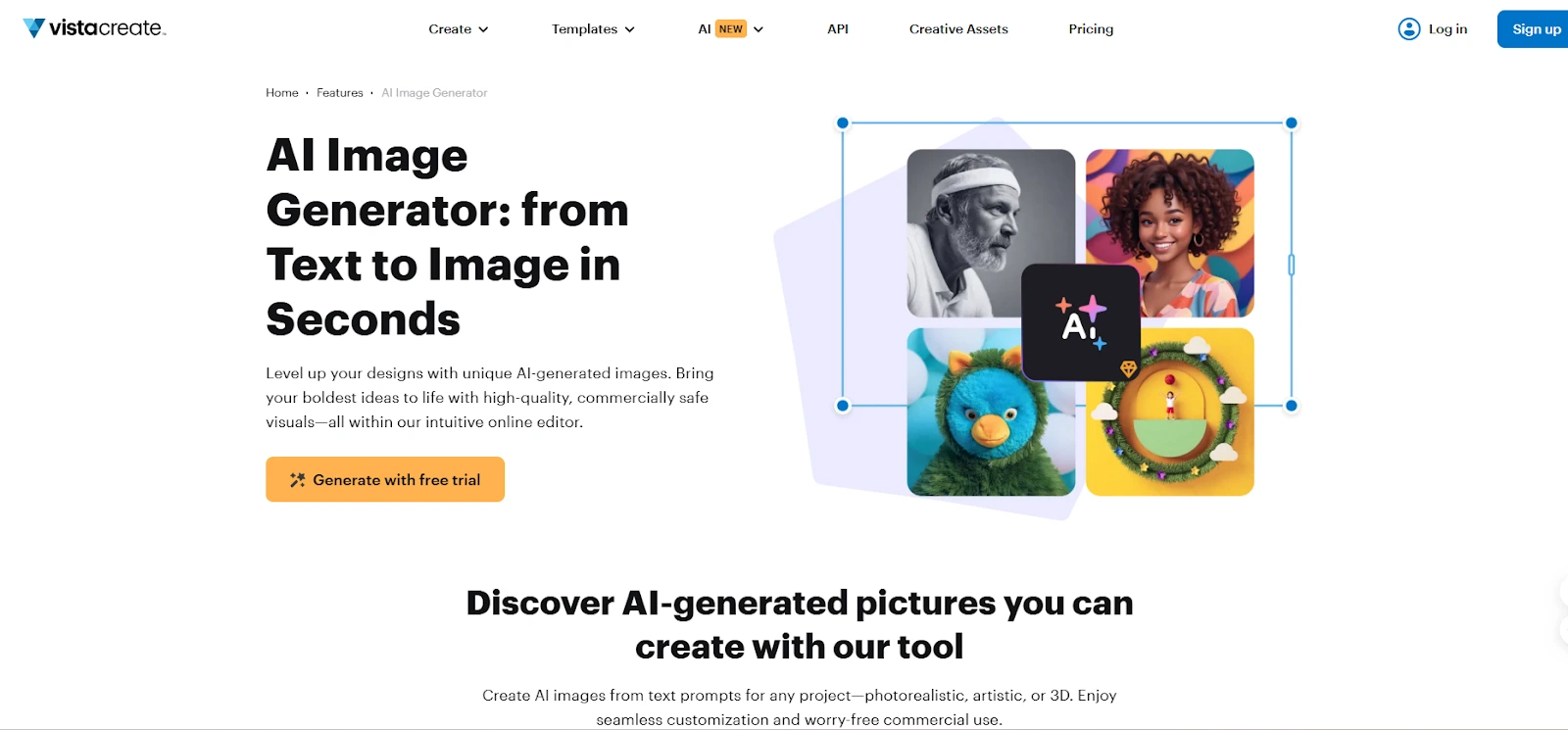 landing page screenshot of VistaCreate AI image generator 