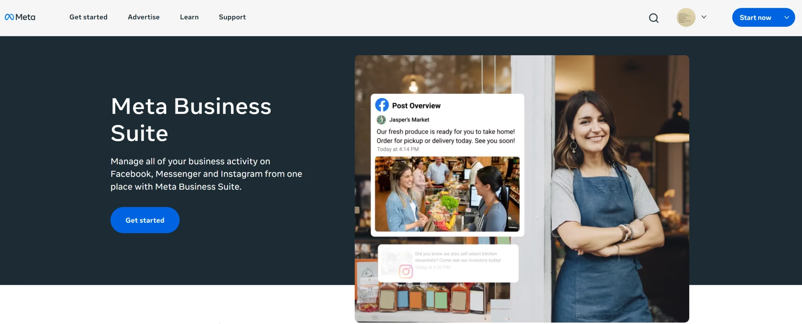 Landing page screenshot of Meta Business Suite for social media analytics