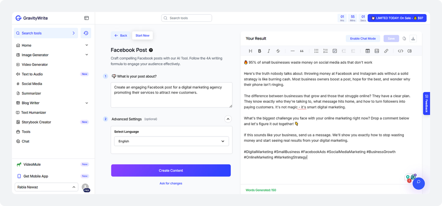 Gravity Writes’s Facebook Post Generator Example: Generating a Facebook Post 