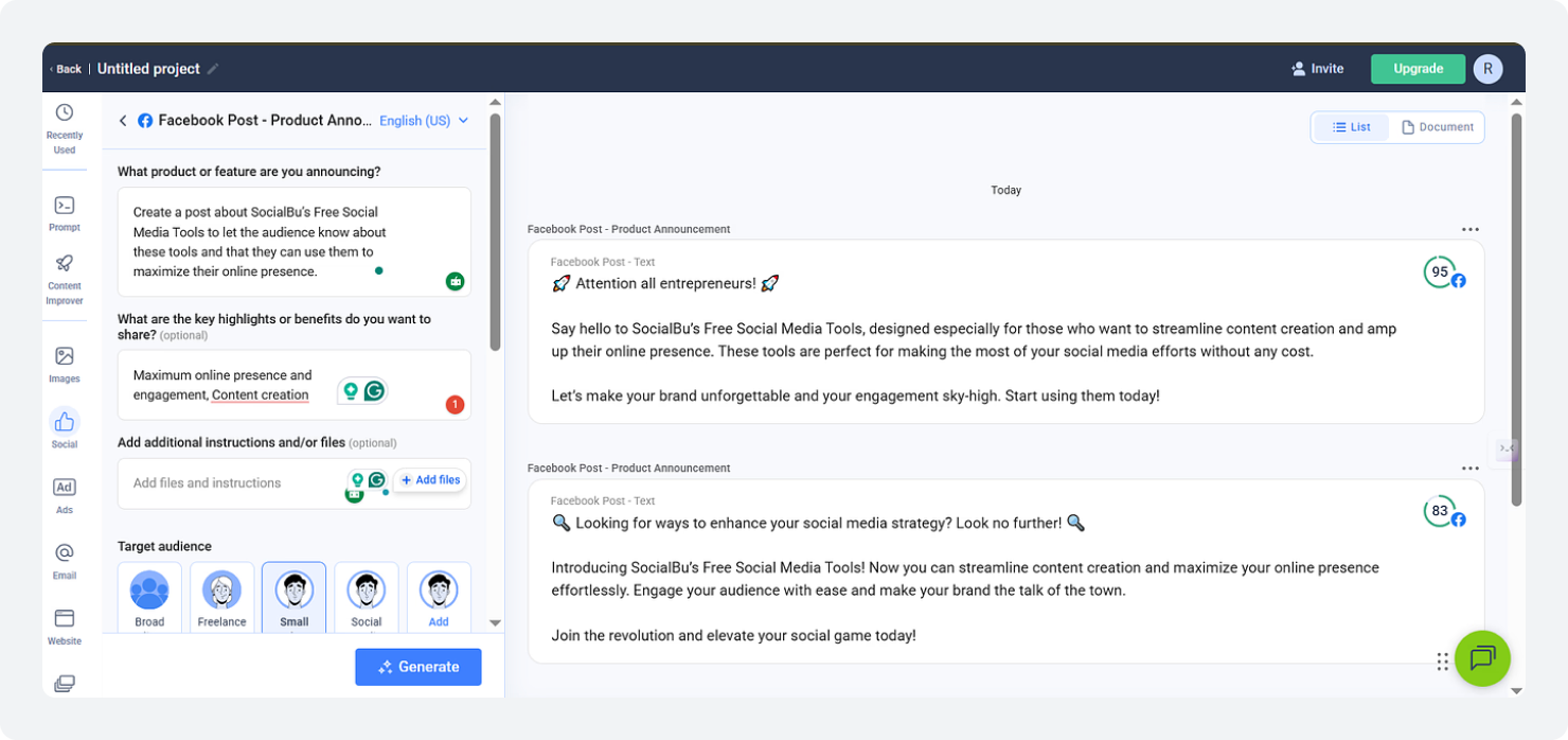 Created a Facebook post using Anyword's free Facebook post generator
