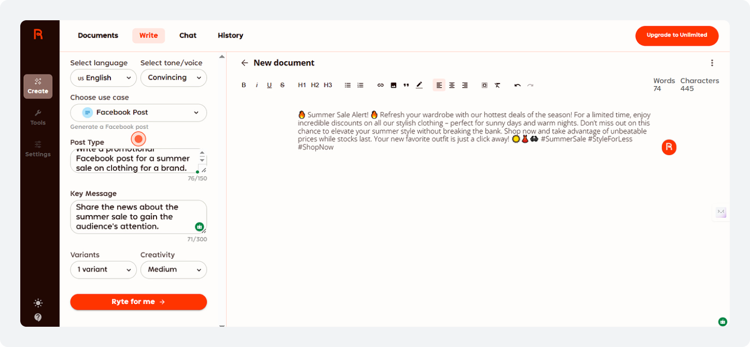Rytr Facebook post generator Example
