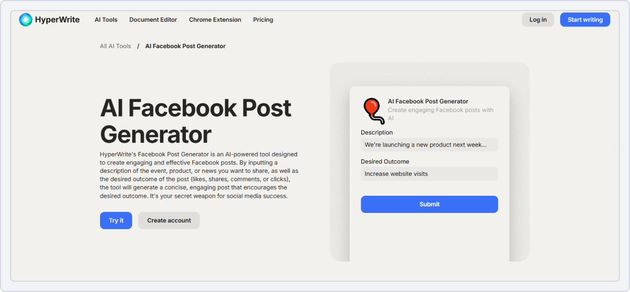 Hyperwrite’s free Facebook post generator tool