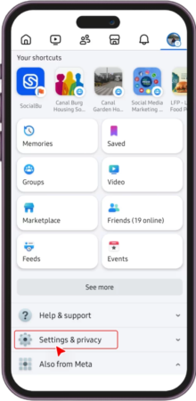 Facebook app pointing to Settings and privacy