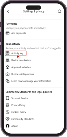 Facebook app pointing to Activity log