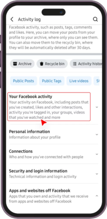 Facebook app pointing to Your FaceBook Acitivity