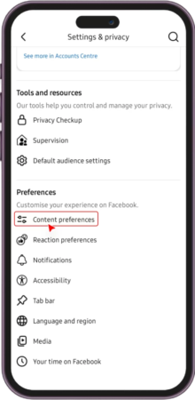 Facebook app pointing to Contnet Preferences