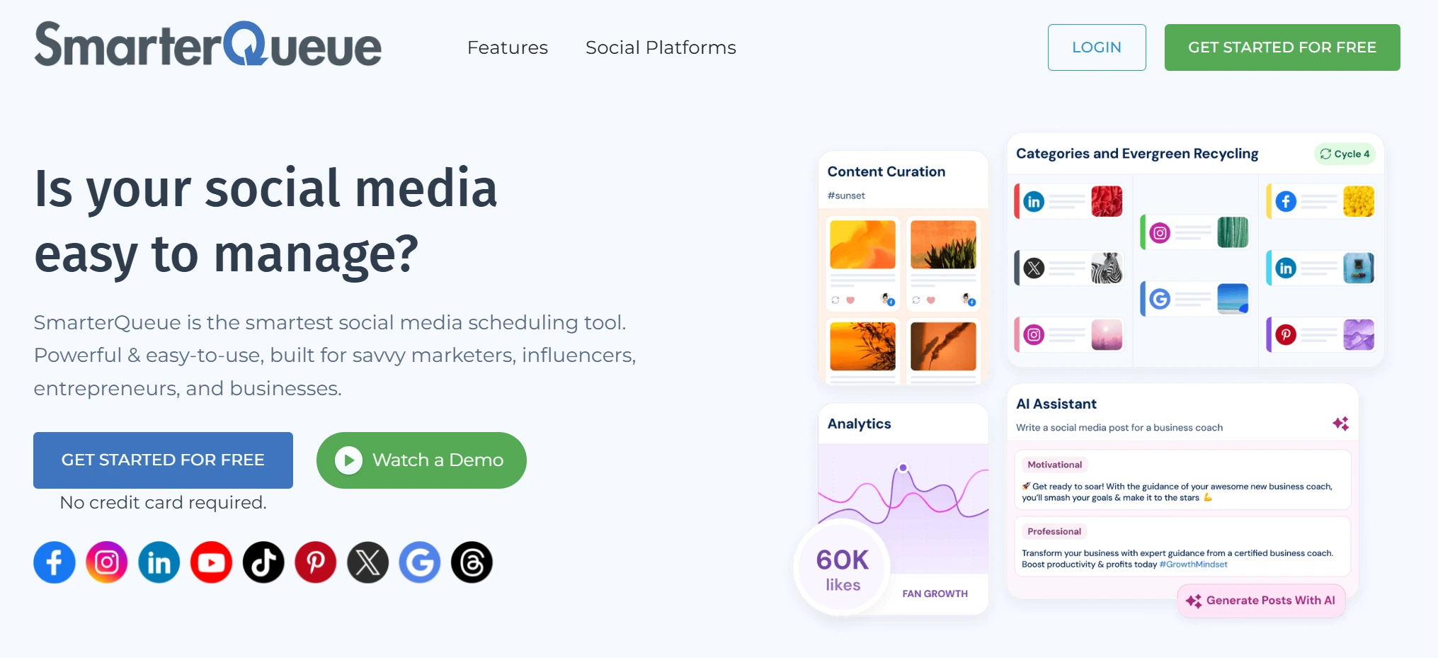 Screenshot of social media management tool SmarterQueue landing page