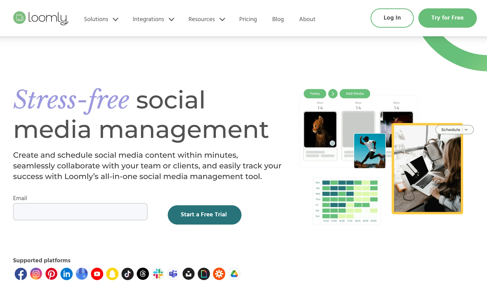 Screenshot of social media management tool Loomly landing page