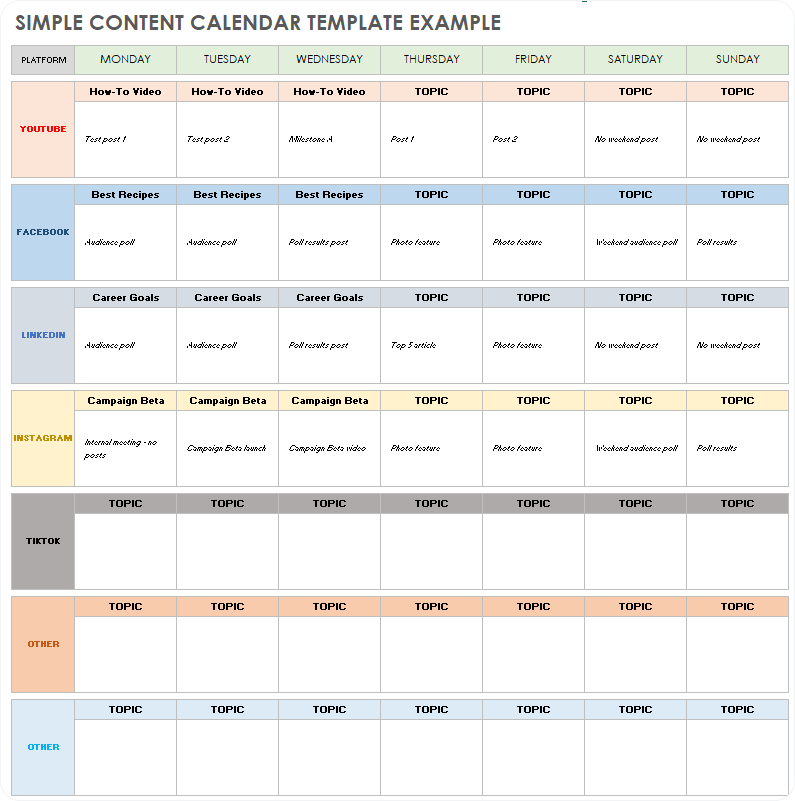 Execl Content Calendar