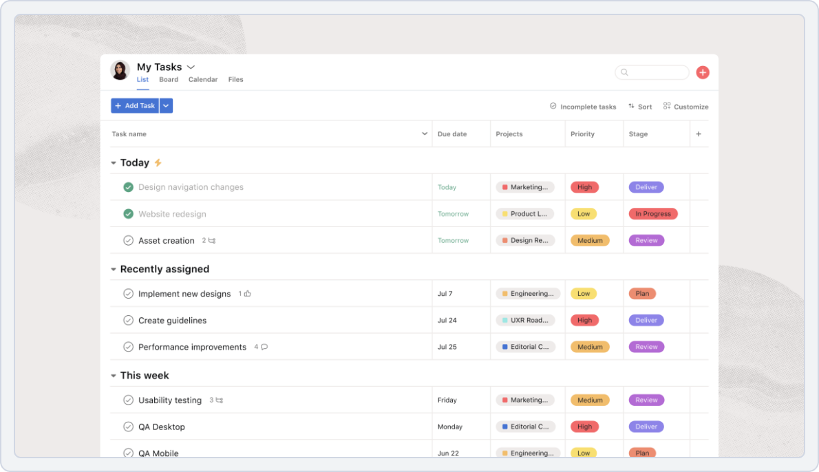 dashboard image of Asana