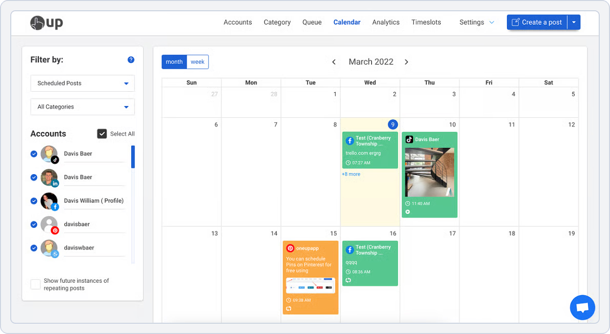 dashboard image of OneUp