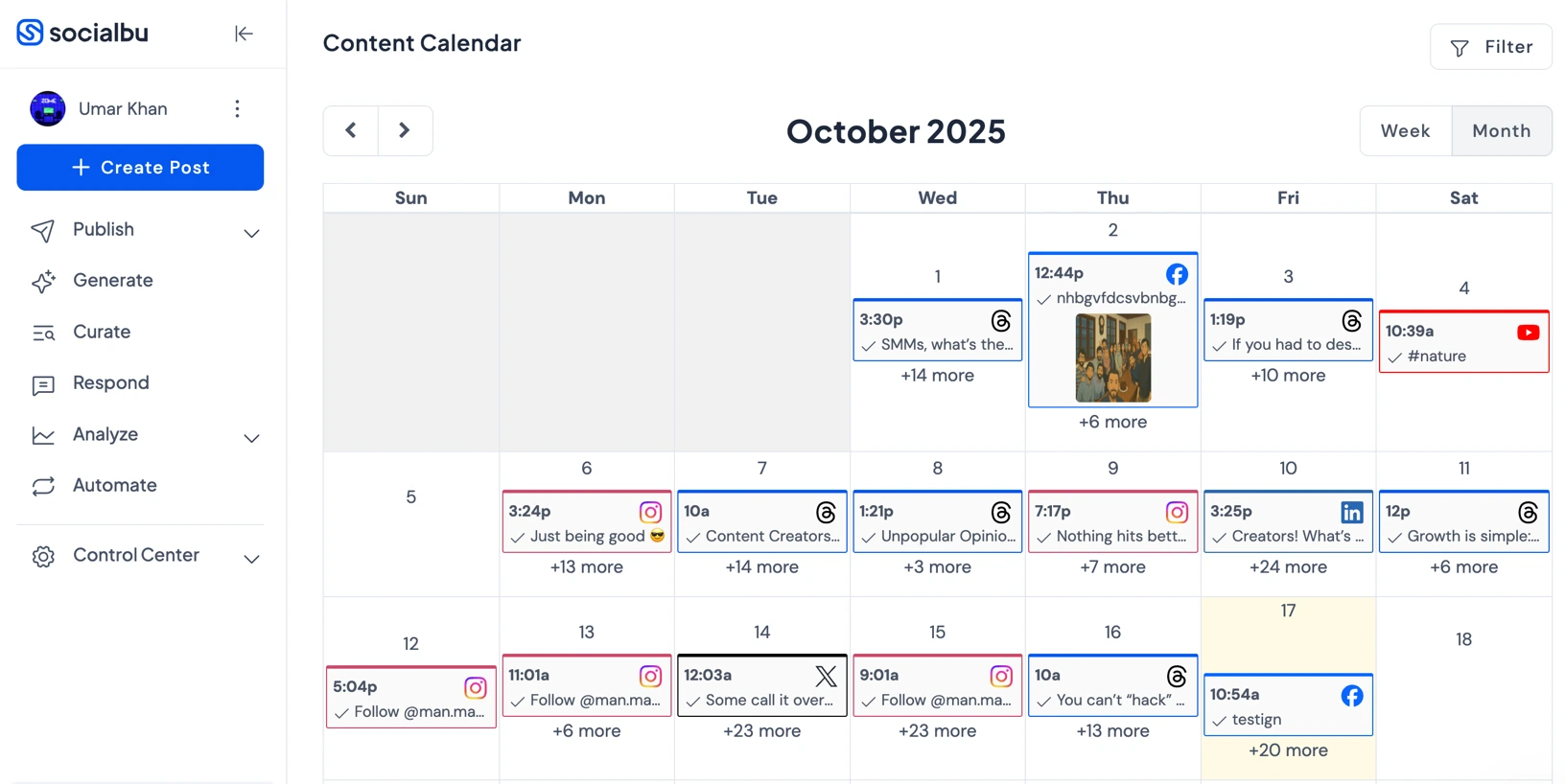 Screenshot of SocialBu dashboard showing content calendar