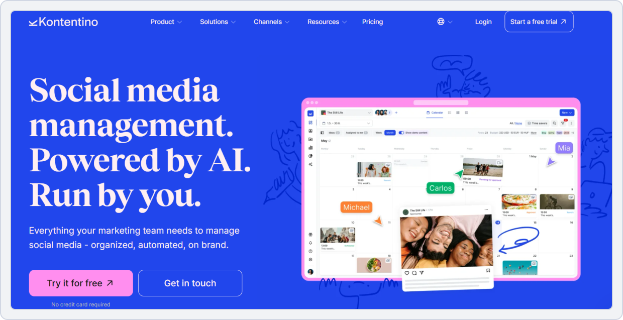Screenshot of Kontentino social media management dashboard highlighting content calendar and approval workflow features
