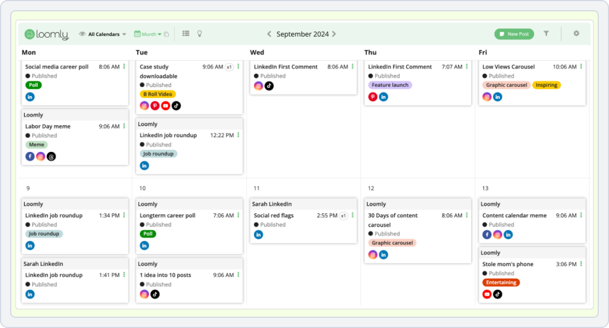 Screenshot of Loomly platform interface for scheduling, content planning, and analytics