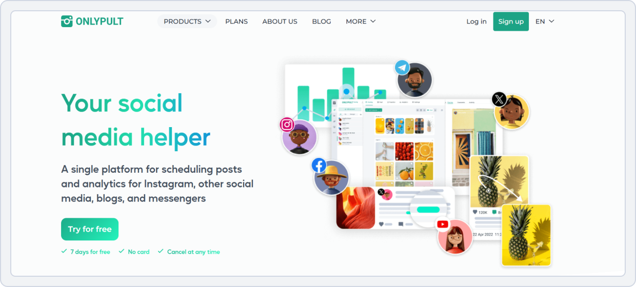Onlypult social media management dashboard illustration showing scheduling and analytics. 