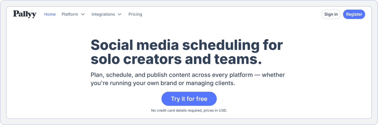 Pallyy platform interface showing social media scheduling and analytics.