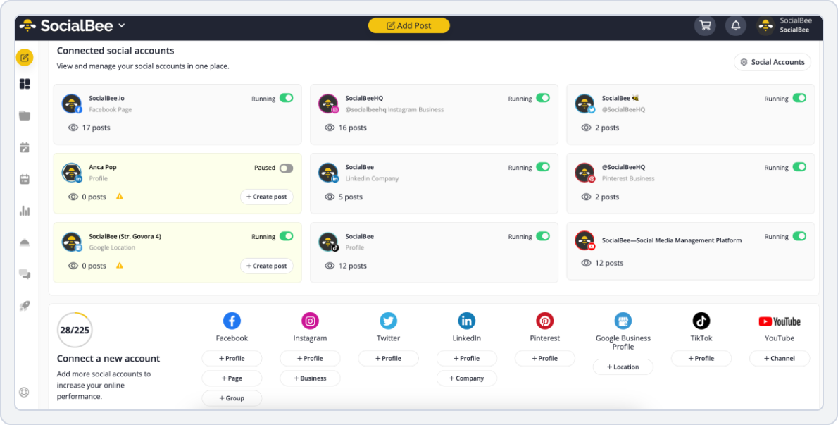 SocialBee social media management interface featuring content calendar and multi‑platform posting tools. 