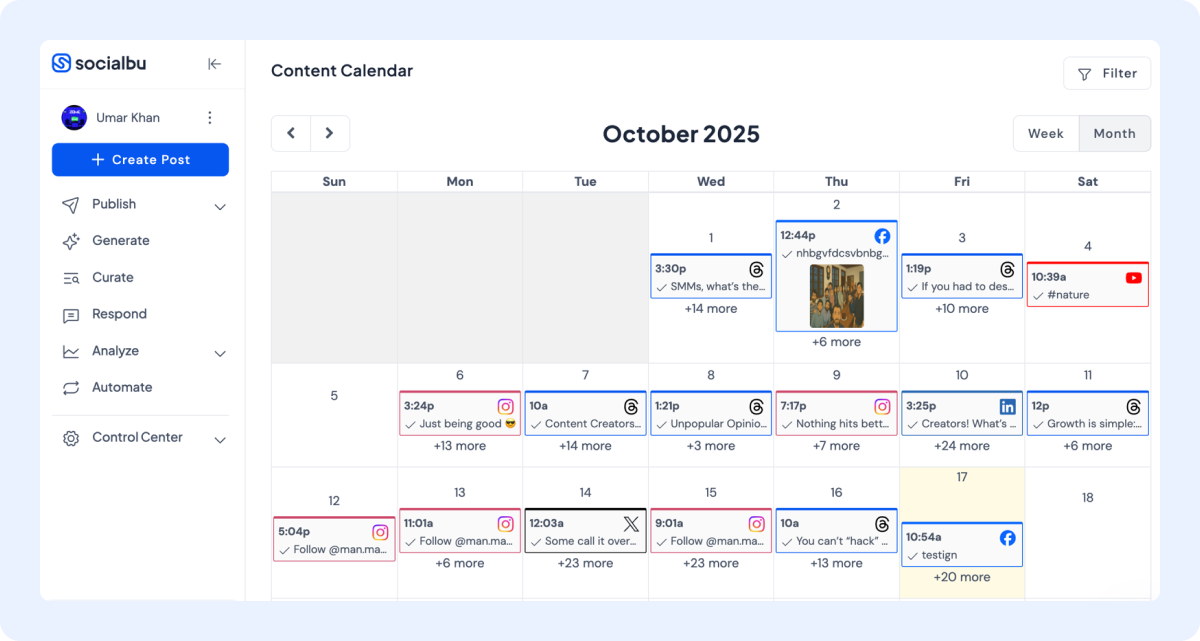 Dashboard image of SocialBu showing the content calendar