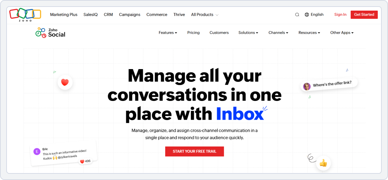 Zoho Social dashboard showing social media scheduling, analytics, and reporting tools 
