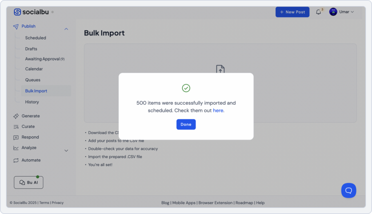 Screenshot of bulk scheduling social media posts with SocialBu