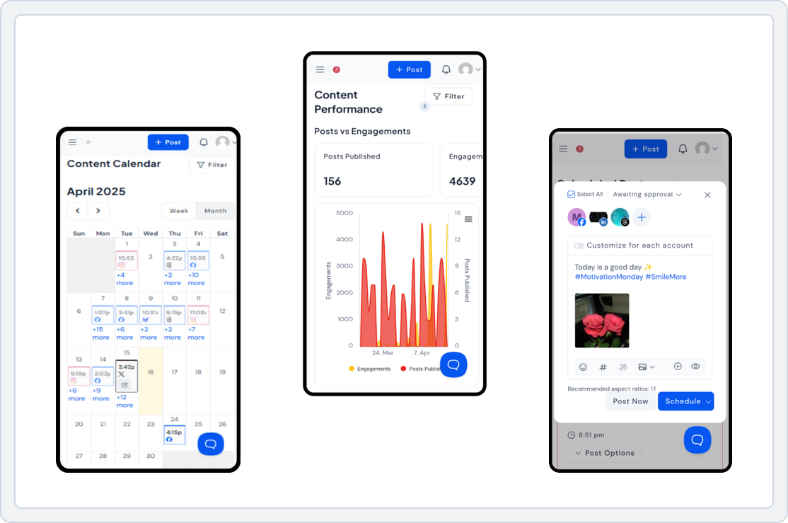 SocialBu mobile app interface screenshots