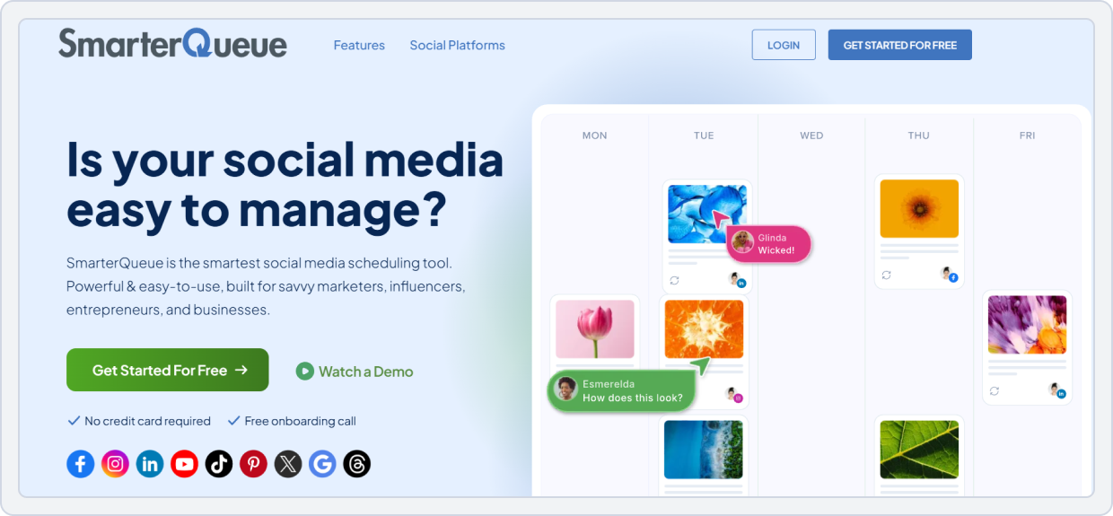 Screenshot of social media management tool SmarterQueue landing page
