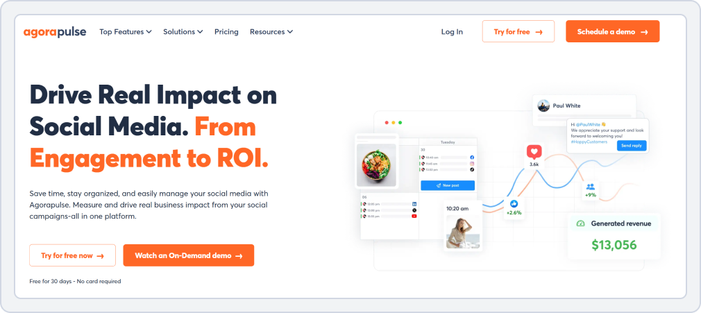 Screenshot of social media management tool for agencies, Agorapulse landing page