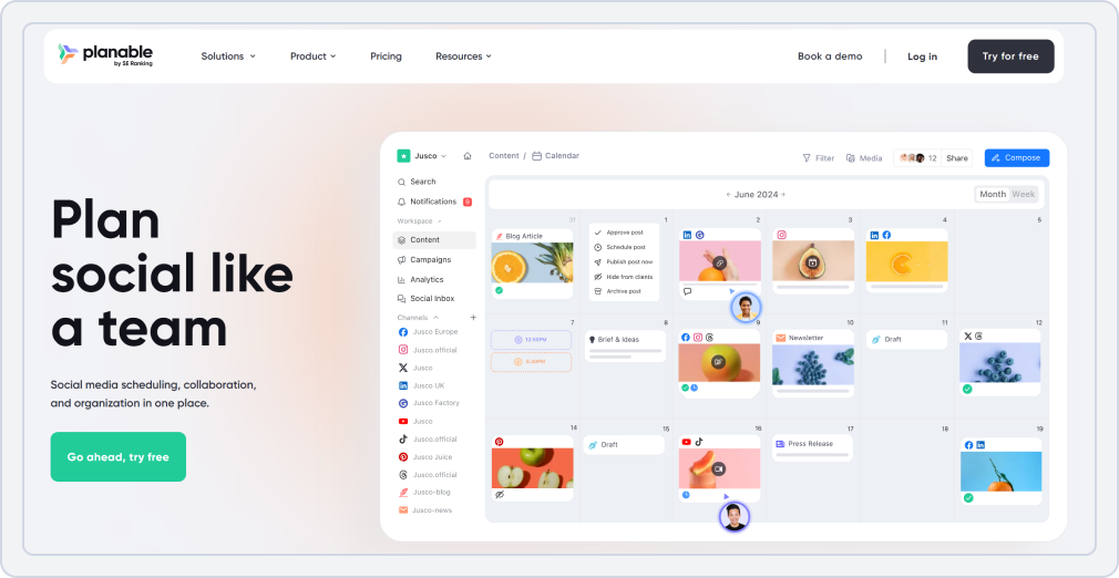 screenshot of social media management tool for agencies planable hompage