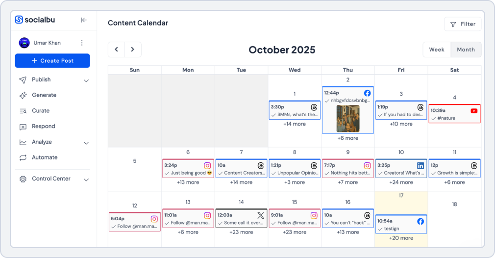 Dashboard image of social media management tool for agencies SocialBu showing the content calendar