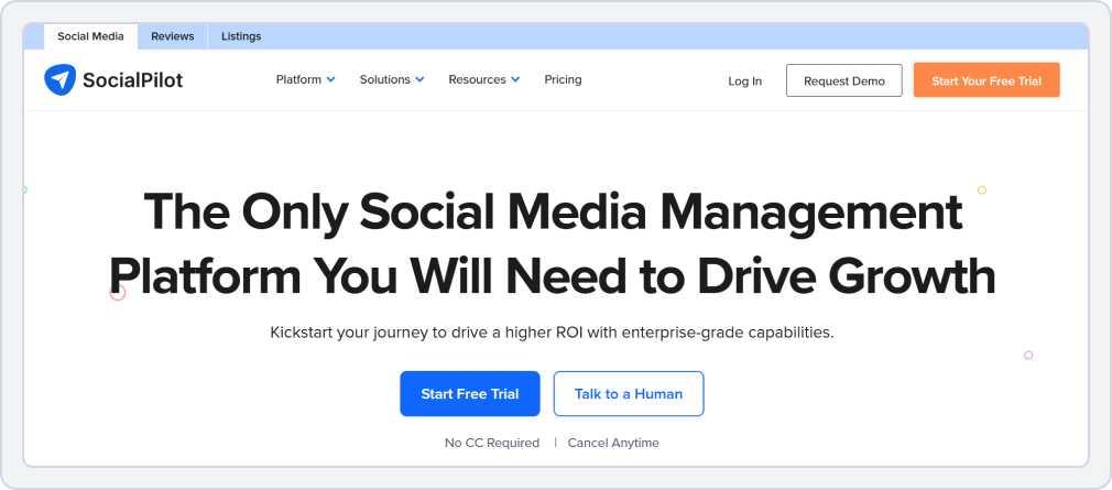 Landing page screenshot of SocialPilot