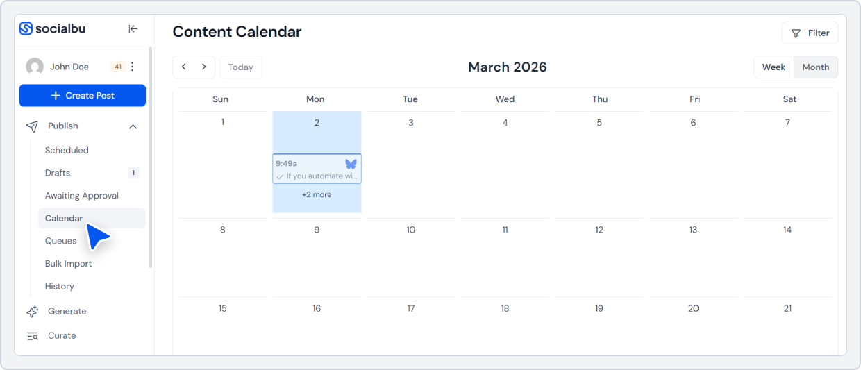 SocialBu Content calendar for social media posting