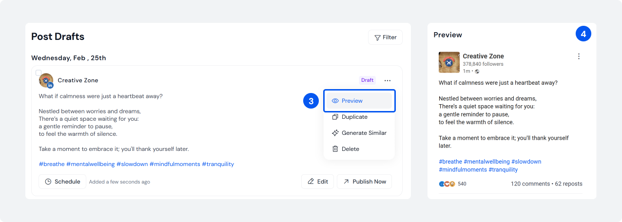 Draft and preview scheduled LinkedIn posts with SocialBu