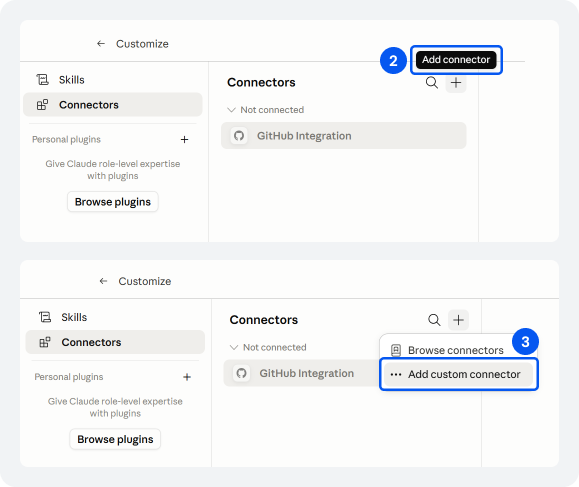 Go to Custom connector on Claude