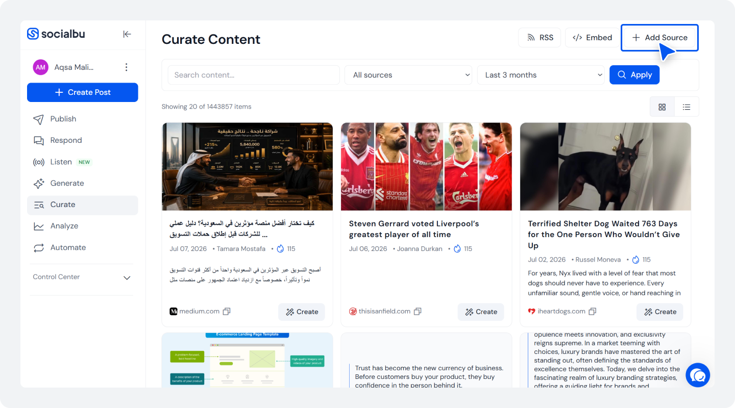Open the Curate tab and add your sources
